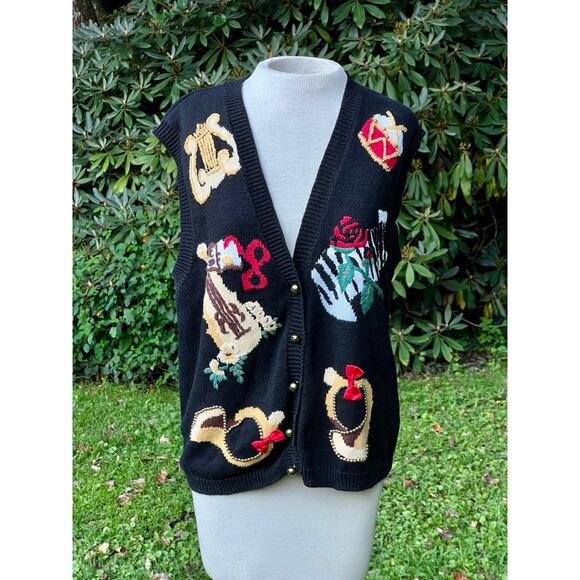 VTG Ugly Christmas Sweater Music Teacher Vest Jingle Bells M Black - Picture 1 of 9